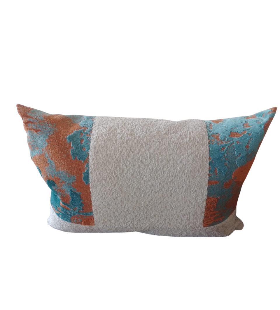 Abstract Teal & Burnt Orange Lumbar Pillow with Textured Sherpa Back